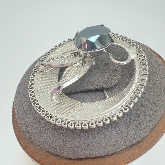 VTG Sterling SIlver 925 Hematite Flower Design Circle Brooch Size 1" Diameter - Picture 3 of 12